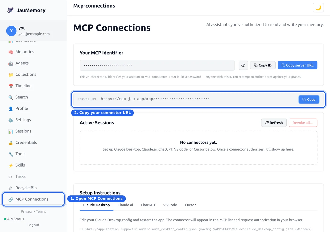JauMemory dashboard, MCP Connections page: open MCP Connections in the sidebar, then use Copy on the Server URL row to get your connector link.
